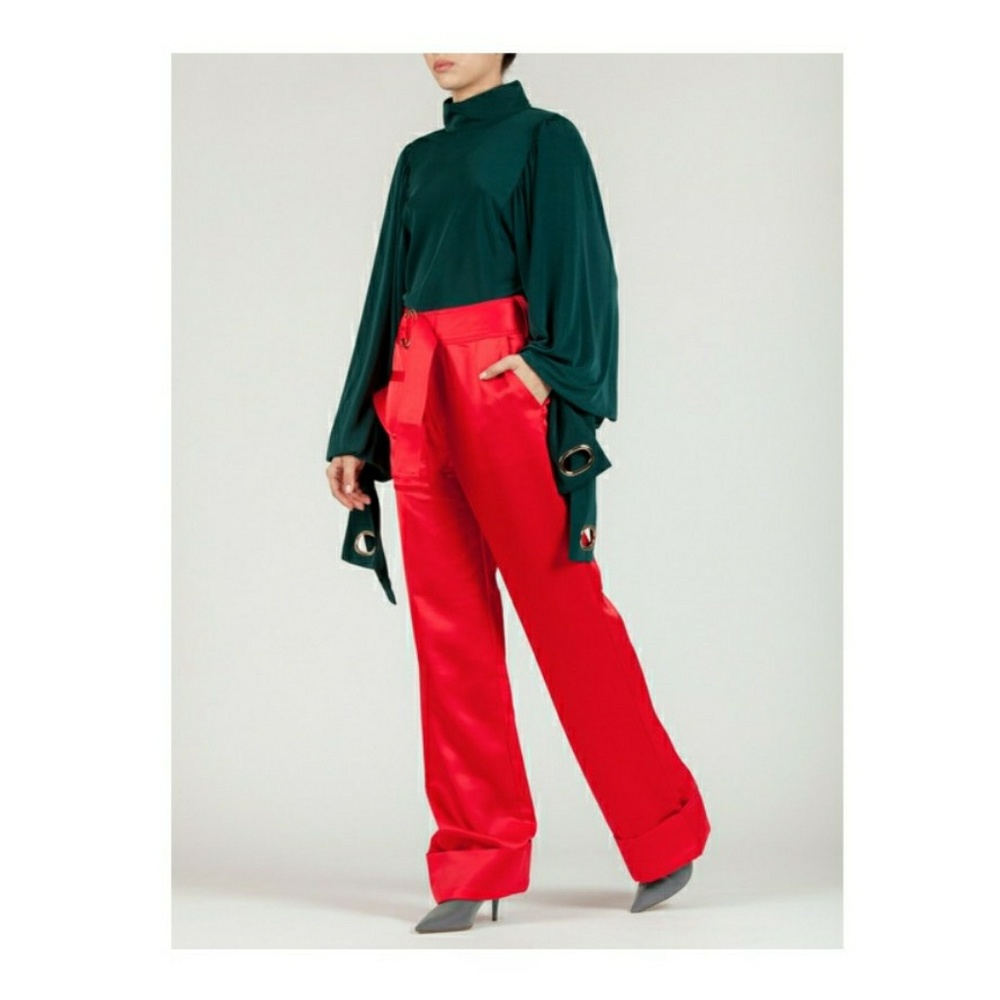 Self Portrait Belted Cuff Satin Red Trouser - Picture 3 of 5